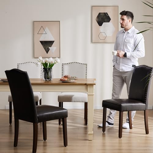 DUMOS Dining Chairs Set of 4, Leather Dining Room Chairs, Upholstered Parsons Chairs with Nailhead Trim and Wood Legs, Kitchen Side Chair for Living Room,Bedroom, Kitchen, Dark Brown