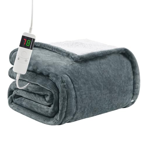 Electric Heated Blanket Heating Throw 50"x 60",Thick Soft Warming Plush Electric Lap Sherpa Blanket for Adults with 5-Position Timer &10 Heating Levels,Machine Washable(Grey)