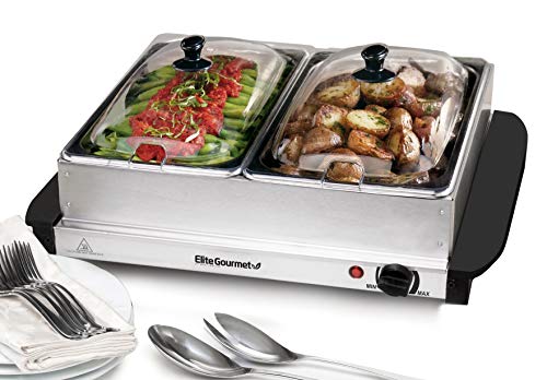 Elite Gourmet EWM-6122# Dual 2 x 2.5 Qt. Trays, Buffet Server, Food Warmer Temperature Control, Clear Slotted Lids, Perfect for Parties, Entertaining & Holidays, 5 Qt Total, Stainless Steel