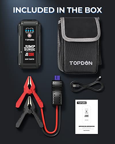 Jump Starter Car Battery Charger-TOPDON JUMPSURGE1200 12V Car Starter Lithium Battery Booster, Jumper (Up to 6.5L Gas, 4.0L Diesel) with Smart Clamp Cables, USB Quick Charge, LED Flashlight Peak 1200A