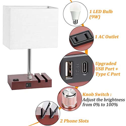 Dott Arts Bedside Lamp for Bedroom, Fully Dimmable Table Lamp with USB Ports, Small Table Lamps with Charging Station AC Outlet and Phone Stands Nightstand Lamp for Living Room(LED Bulb Included)