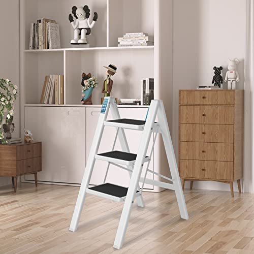 3 Step Ladder, SPIEEK Folding Step Stool with Wide Anti-Slip Thickened Pedal, Foldable Ladder 330 Lbs Capacity, Kitchen Step Stool for Adults, Lightweight Folding Ladder, White