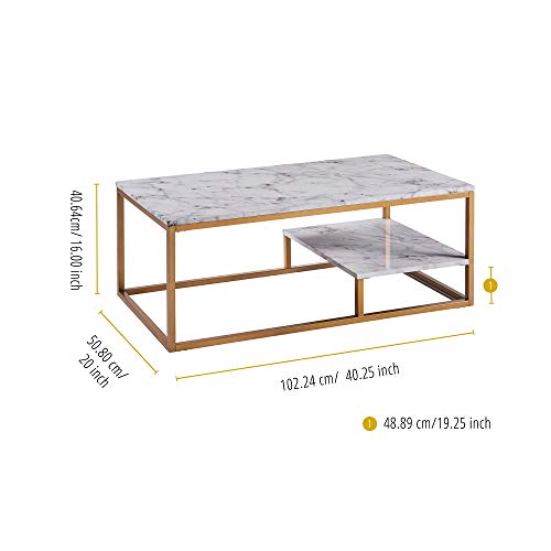 Teamson Home Marmo Faux Marble Modern Rectangle Coffee End Table with Storage Shelf and Easy-Clean Surface for Living and Dining Room Home Office, 16 Inch Height, Brass