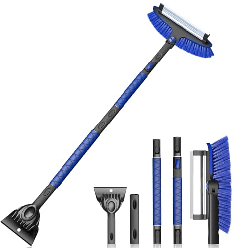 TESSONO 55.7" Ice Scraper, Extendable Snow Brush and Snow Broom with Ergonomic Foam Grip for Car Windshield, 3-in-1 Car Snow Scraper with 270° Pivoting Brush Head for Car Windshield, Trucks, SUVs