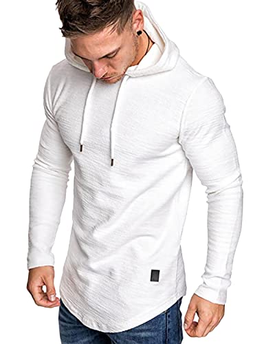 lexiart Mens Fashion Athletic Hoodies Sport Sweatshirt Solid Color Fleece Pullover White L