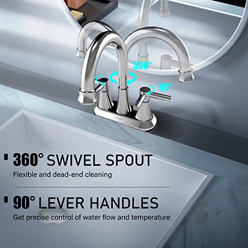 Bathroom Faucets for Sink, Gomylifer Bathroom Sink Faucet 2 Handle,4 Inch Centerset Sink Faucet with Pop Up Drain and Supply Hoses,Stainless Steel 360 Swivel Spout, Lead-Free, Brushed Nickel