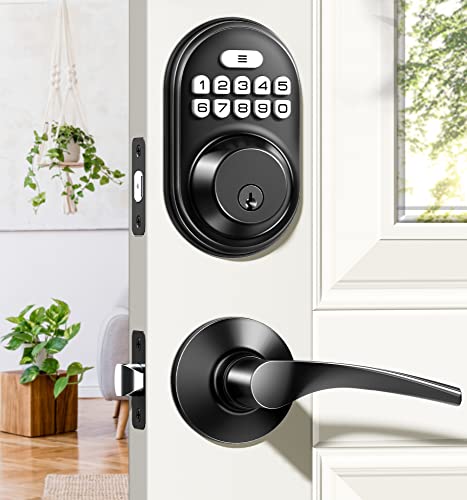 Veise Keyless Entry Door Lock with 2 Lever Handles - Electronic Keypad Deadbolt, Auto Lock, Back Lit & Easy Installation Design, Front Door Handle Sets,Matte Black