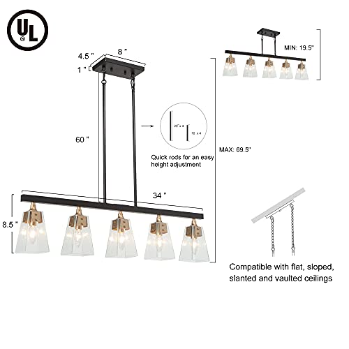 KSANA Gold Chandelier, 5-Light Modern Farmhouse Chandelier for Dining Room, Kitchen Island with Seeded Glass Shades, 34"