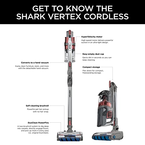 Shark IZ483H Vertex Cordless Stick Vacuum with DuoClean PowerFins, MultiFLEX, Crevice Tool, Pet Multi-Tool & Anti-Allergen Brush, 120-min Runtime, Double Battery, Rosewood