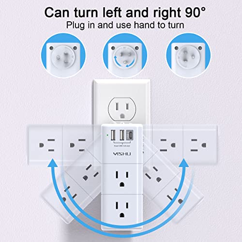 USB Multi Plug Outlet Extender - YISHU Surge Protector with Rotating Plug, 6 AC Plug Extender with 3 USB Ports, 3-Sided Swivel Power Strip with Spaced Outlet Splitter for Home, Office, Travel