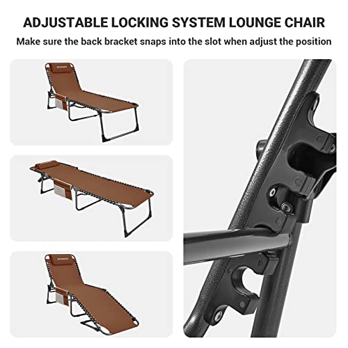 FUNDANGO Folding Outdoor Chaise Lounge Chair, 5-Position Adjustable Lounge Chair for Lawn, Patio, Beach, Sunbathing, Deck, Portable Heavy-Duty Camping Reclining Chair with Pillow, Khaki