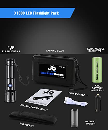 JAY-PARK Flashlights High Lumens Rechargeable, 100000 Lumen Super Bright LED Flashlight Powerful, Handheld USB-C Flashlights Zoomable, High Power Tactical Flash Light for Emergencies, Camping, Daily