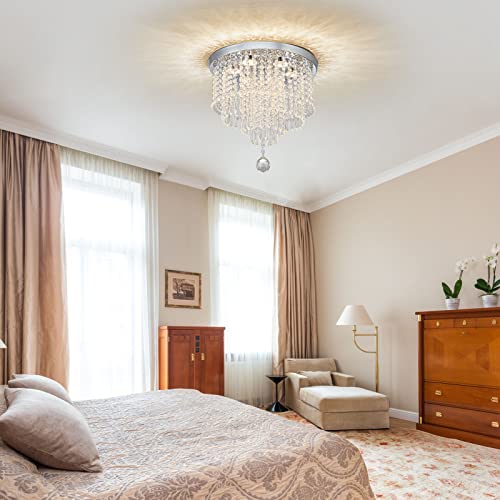 DSLITING Crystal Chandelier Ceiling Light Fixture Modern LED Chandelier 15.7'' Crystal Ceiling Light Small Flush Mount Chandelier Light Fixture for Bedroom Kitchen Dinning Room Living Room Chandelier