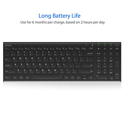 Arteck HW193 USB Wireless Keyboard Stainless Steel Ultra Slim Full Size Keyboard with Numeric Keypad for Computer/Desktop/PC/Laptop/Surface/Smart TV and Windows 11/10/8 Built in Rechargeable Battery