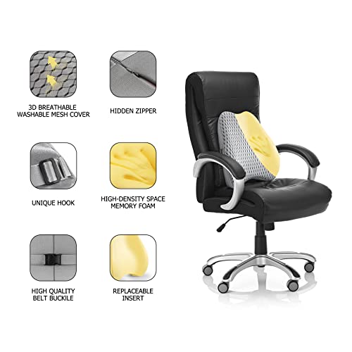 Bipintip Large Lumbar Support Pillow for Office Chair with Adjustable Strap and Washable Cover - Memory Foam Back Support for Back Pain Relief,Improve Posture,Desk Chair,Couch(Gray)