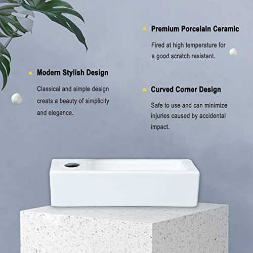 bathivy 15"x7.5" Wall Mount Corner Bathroom Sink with Pop-up Drain & Installation Kits, Rectangular White Ceramic Vessel Sink, Wall Hung Mini Floating Sink, Small Corner Sink for Bathrooms (Left Hand)
