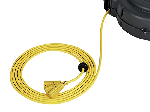 AmazonCommercial Extension Cord Reel Heavy Duty Retractable Long 12AWG x 65' Feet Industrial Grade 3C/SJT Cable with Triple Tap Connector and Swivel Bracket Power Rating 15A 125VAC 1875W 60Hz, Black