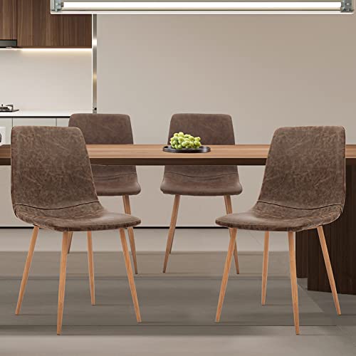 CangLong Set of 4, Kitchen PU Cushion Seat Back, Modern Mid Century Living Room Side Metal Legs Dining chair, Brown