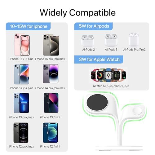 EXW for Magsafe Charger Stand,Charging Station for Multiple Devices,Wireless Charger for iPhone 15/14/13/12 Series,Apple Watch Series 1-9/Ultra,AirPods Pro with LED and Adapter (White)