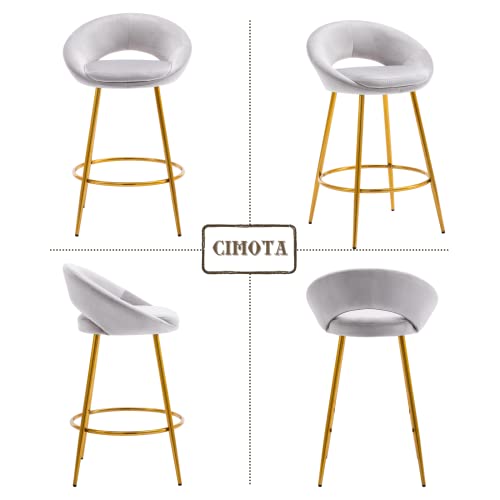 CIMOTA Velvet Grey Bar Stools Set of 2 Modern Barstools 26 Inch Counter Stool Chairs with Open Back/Gold Base Kitchen Stools for Island/Home Bar/Dining Room/Kitchen