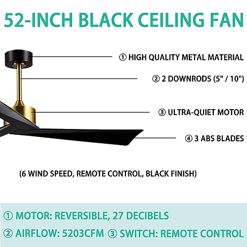 ANFERSONLIGHT 52-Inch Indoor Ceiling Fan with Remote Control, 3-Blades, Reversible Silent DC Motor - Black Finish for Bedroom, Living Room and Dining Room Fan/Light