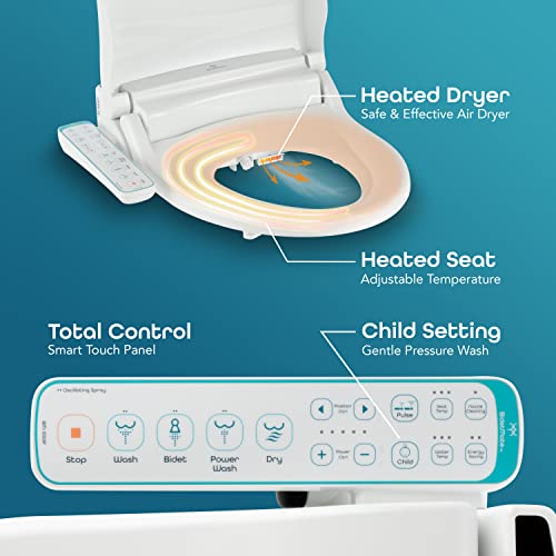 BidetMate 1000 Series Electric Bidet Heated Smart Toilet Seat with Heated Water, Side Control Panel, and Warm Air Dryer - Adjustable and Self-Cleaning - Multiple Wash Settings - Elongated