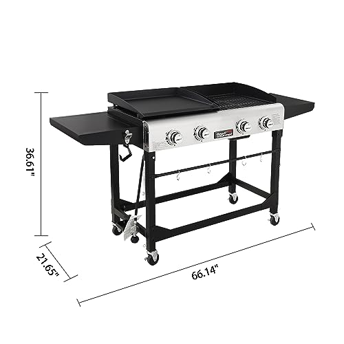 Royal Gourmet GD401 Portable Propane Gas Grill and Griddle Combo with Side Table | 4-Burner, Folding Legs,Versatile, Outdoor | Black 66 Inch