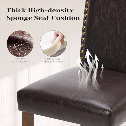 DUMOS Dining Chairs Set of 4, Leather Dining Room Chairs, Upholstered Parsons Chairs with Nailhead Trim and Wood Legs, Kitchen Side Chair for Living Room,Bedroom, Kitchen, Dark Brown