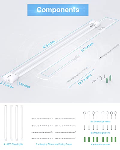 Ensenior 4 Pack Linkable Led Shop Light 4ft for Garage, 4400 High Lumens, 36W Equivalent 280W, 5000K Daylight, 48 Inch Utility Surface or Hanging Mount Fixtures, White, ETL Certified