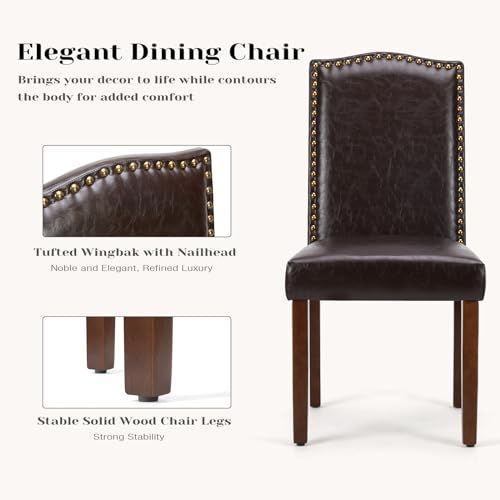 DUMOS Dining Chairs Set of 4, Leather Dining Room Chairs, Upholstered Parsons Chairs with Nailhead Trim and Wood Legs, Kitchen Side Chair for Living Room,Bedroom, Kitchen, Dark Brown
