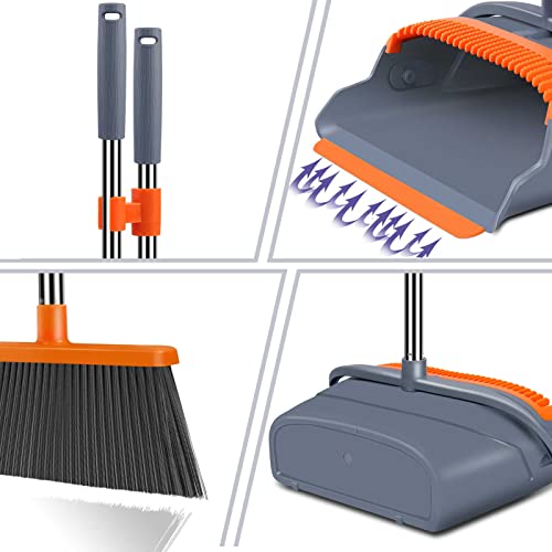 kelamayi Broom and Dustpan Comb Set for Home Super Long Handle,Upright Standing Dustpan for Home Room Kitchen Office Lobby Outdoor Floor Use(Gray & Orange)