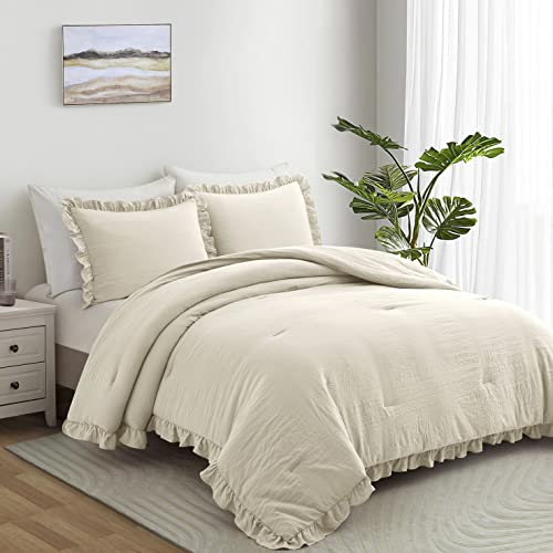 Home Bed Bedding Comforter Set - 3 Pieces Queen Comforter Set, Farmhouse Bedding Set with Ruffle Bed Comforter & Ruffle Pillows Shams(Queen Size Wheat)