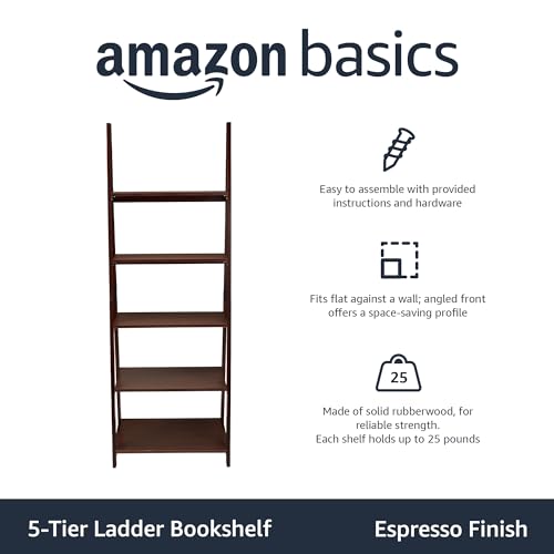 Amazon Basics Modern 5-Tier Ladder Bookshelf Organizer, Solid Rubberwood Frame, Espresso Finish, 14 D x 24.8 W x 70.1 H in