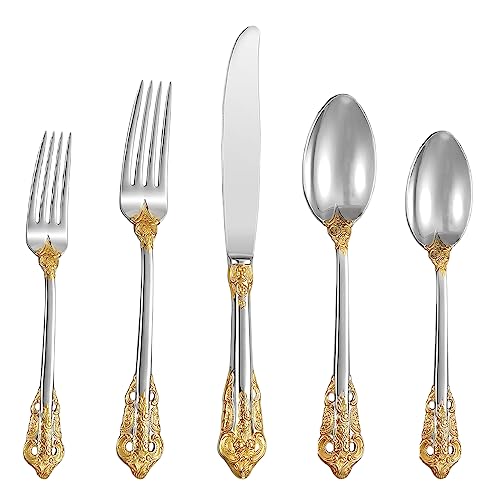 Runfly Gorgeous Baroque Silver Gold 18/10 Stainless Steel 20 Pieces Flatware Set, Anti-rust Stainless Steel Gold Cutlery Set Utensils Including Fork Spoon and Knife with Gift Box