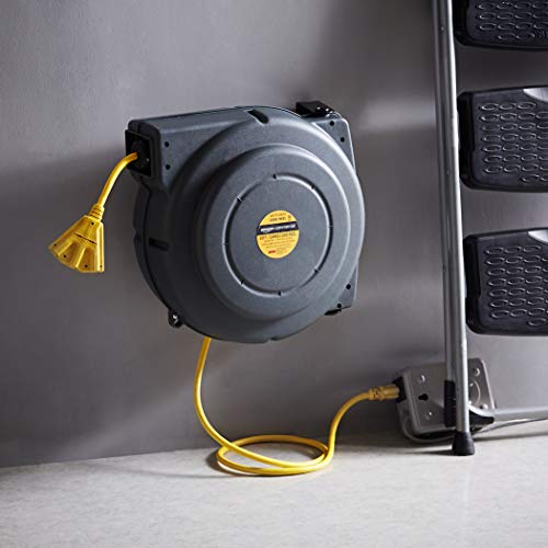 AmazonCommercial Extension Cord Reel Heavy Duty Retractable Long 12AWG x 65' Feet Industrial Grade 3C/SJT Cable with Triple Tap Connector and Swivel Bracket Power Rating 15A 125VAC 1875W 60Hz, Black