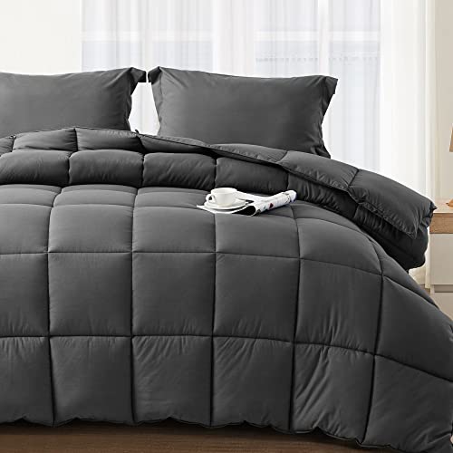 BEDHOURS Queen Comforter Set-3 Pieces Down Alternative Queen Size-All Season Reversible Comforter with 2 Pillow Shams-Corner Tabs Machine Washable (Dark Grey Queen)