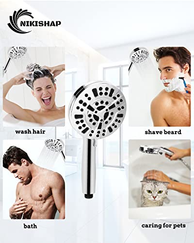 NIKISHAP Shower Head, 10-modes Shower Heads High Pressure, New Anti-clog Nozzle Handheld Shower Head with Extra Long 5 Ft Hose and Adjustable Bracket, Built-in Power Wash to Clean Tub, Tile and Pets.