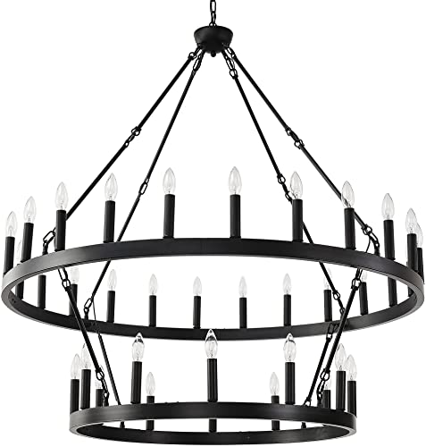 48 Inch Black Wagon Wheel Chandelier,2 Tier 36-Lights Extra Large Round Farmhouse Pendant Light Fixture Rustic Hanging Lighting outdoor modern wheel chandelier for porch, high Ceilings Dining Room