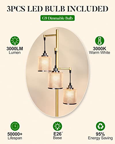 bulbeats 67IN Dimmable (Brightness Adjustable) Floor Lamp with 0%-100%, Floor Lamp with 3pcs LED Bulbs Included Plastic Shatterproof Lampshade Gold Mid-Century Modern Light for Living Room/Bedroom