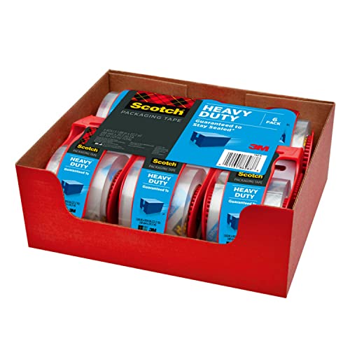 Scotch Heavy Duty Packaging Tape, 1.88" x 22.2 yd, Designed for Packing, Shipping and Mailing, Strong Seal on All Box Types, 1.5" Core, Clear, 6 Rolls with Dispenser (142-6)