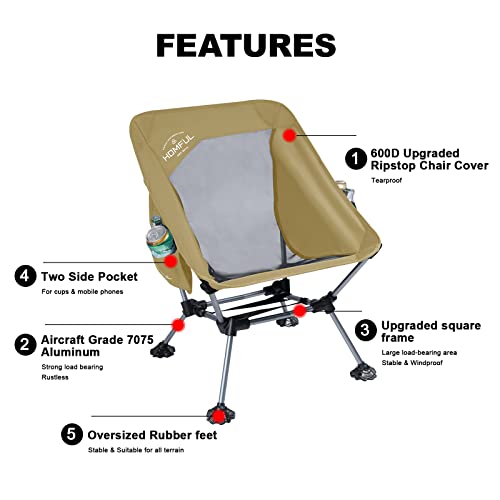 HOMFUL 2 Pack Widened Camping Chair Ultra Light Portable Folding Backpacking Chair with Side Pockets Breathable Mesh Structure Aluminum Frame with Carrying Bag for Outdoors,Camping,Hiking,Beach,Picnic
