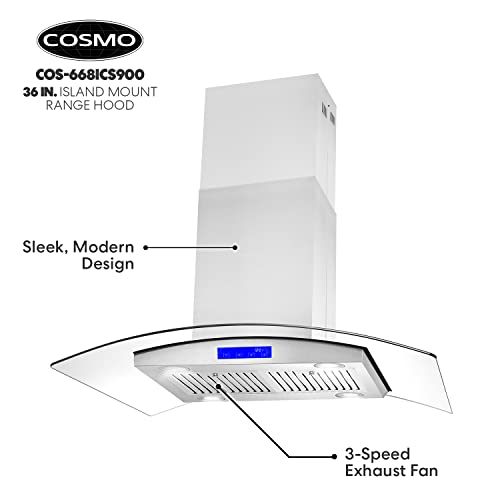 COSMO 668ICS900 36 in. Island Range Hood with 380 CFM, 3 Speeds, Ducted, Permanent Filters, Soft Touch Controls, LED Lights, Curved Glass Hood in Stainless Steel