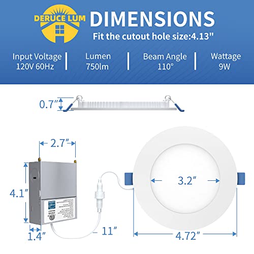 Deruce Lum 6 Pack 4 Inch 3000k Ultrathin Led Recessed Light, Superbright recessed Lighting 4 inches led recessed Light for Living Room Bedroom Kitchen Hallway 9W 750lm- ETL & Energy Star Certified