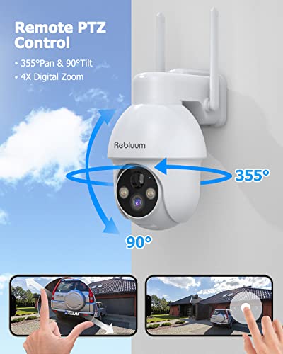 Rebluum Security Camera Wireless Outdoor, 2K Solar ,Battery Powered 360°PTZ Security Camera,Color Night Vision,PIR Motion Detection,2-Way Audio,Compatible with Alexa