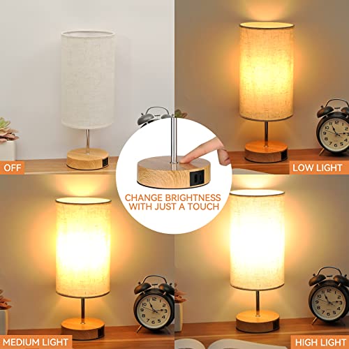 Bedside Lamp with USB C+A Ports - Touch Control Small Table Lamp for Bedroom with 3 Lighting Modes,Nightstand Lamps with Round Flaxen Fabric Shade for Living Room, Dorm, Office (LED Bulb Included)