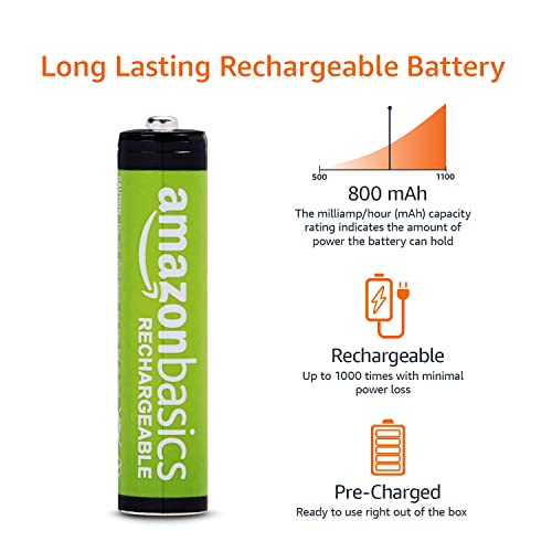 Amazon Basics AAA Rechargeable NiMH Performance Battery, 800 mAh, Recharge up to 1000 Times, Pre-Charged - Pack of 12