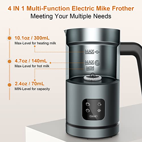 Frother for Coffee, Milk Frother, 4 IN 1 Automatic Warm and Cold Milk Foamer, BIZEWO Stainless Steel Milk Steamer for Latte, Cappuccinos, Macchiato, Hot Chocolate Milk with LED Touch Screen Panel