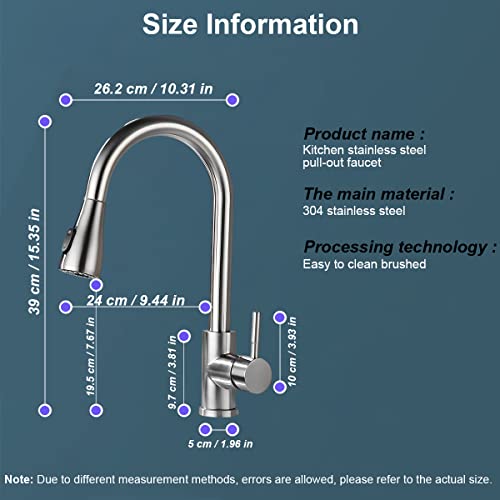 Single Handle High Arc Brushed Nickel Pull Out Kitchen Faucet,Single Level Stainless Steel Kitchen Sink Faucets with Pull Down Sprayer