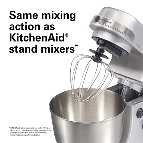 Hamilton Beach Electric Stand Mixer, 4 Quarts, Dough Hook, Flat Beater Attachments, Splash Guard 7 Speeds with Whisk, Silver