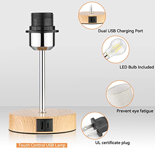 Bedside Lamp with USB C+A Ports - Touch Control Small Table Lamp for Bedroom with 3 Lighting Modes,Nightstand Lamps with Round Flaxen Fabric Shade for Living Room, Dorm, Office (LED Bulb Included)